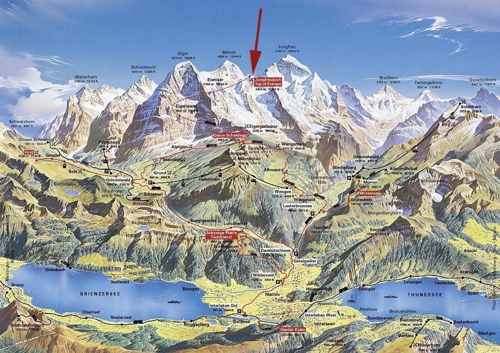 Mapa y tren a la Jungfrau